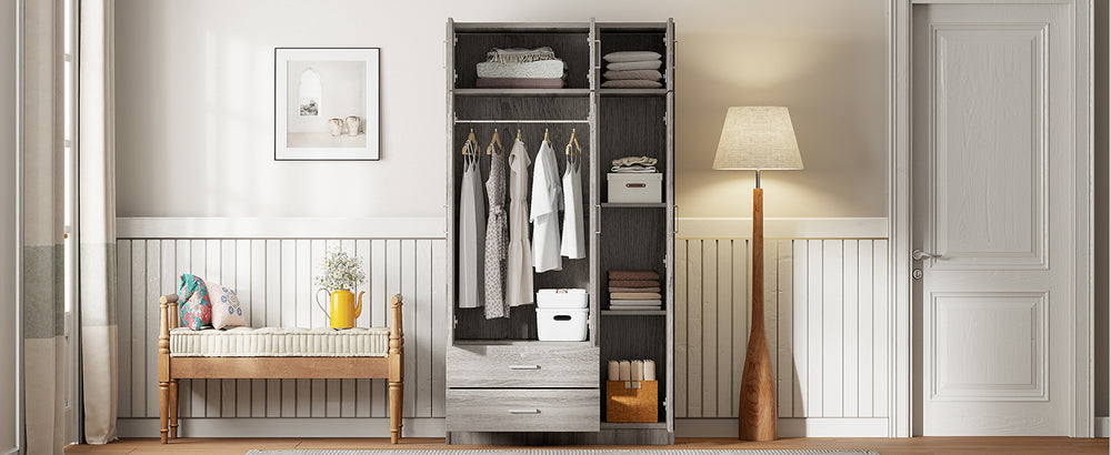 Stylish Gray 3-Door Wardrobe with Drawers and Cabinet