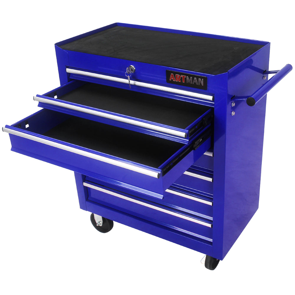 Blue Rolling Tool Cart with Seven Spacious Drawers