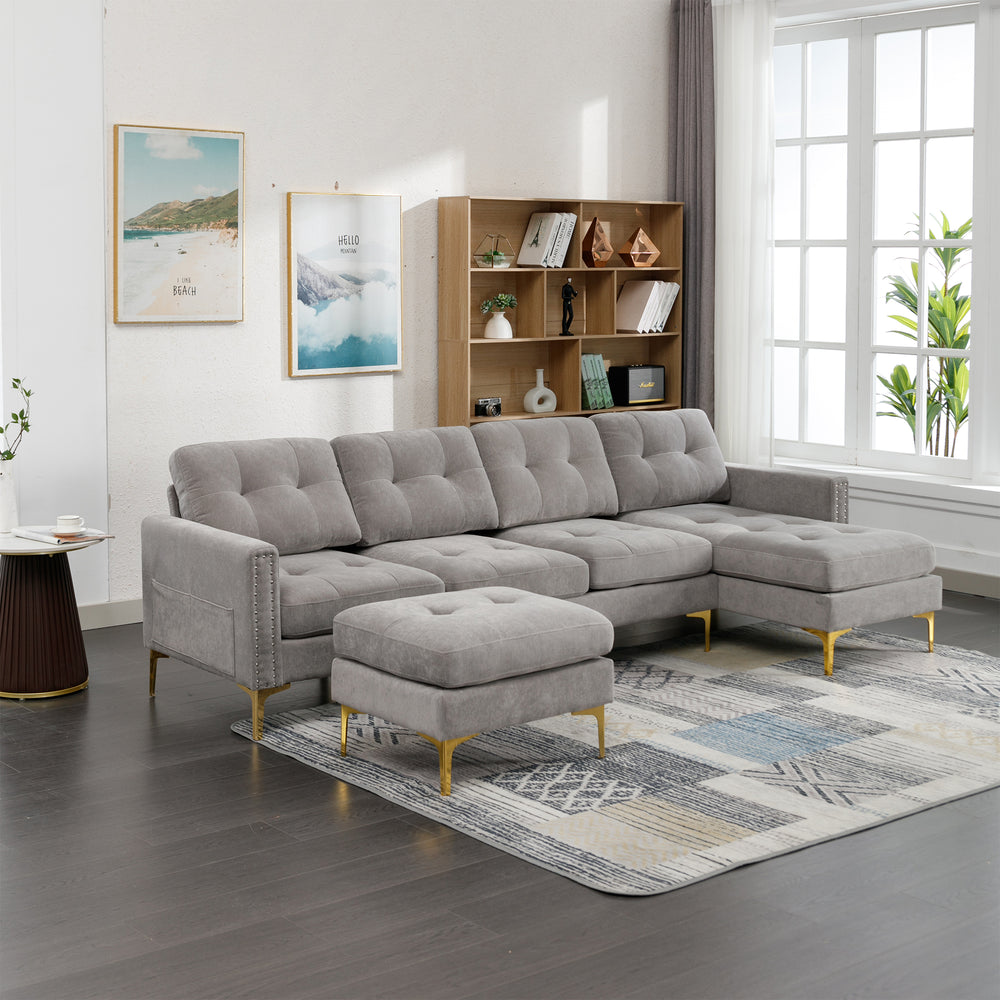 Cozy L-Shaped Sectional Sofa with Movable Ottoman - Light Grey