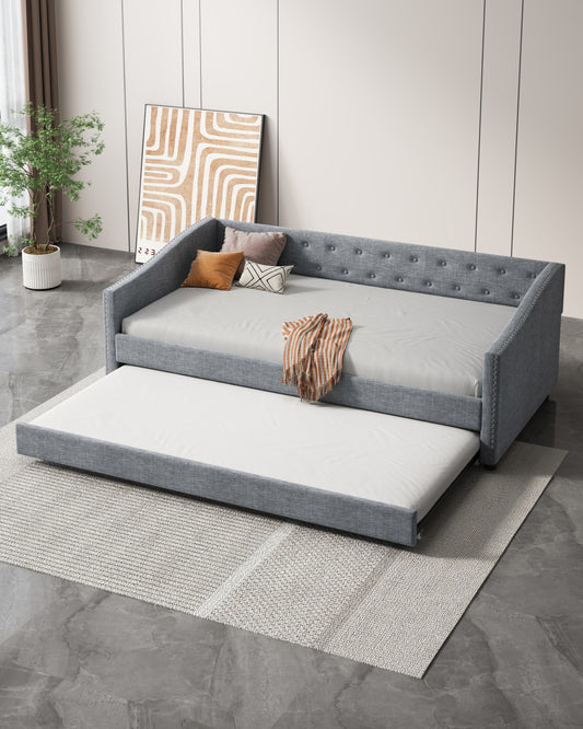 Cozy Grey Twin Daybed with Trundle and Tufted Charm