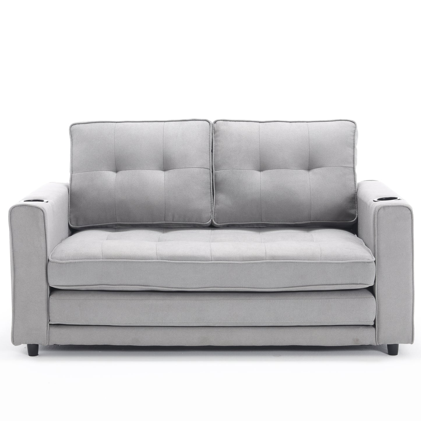 Cozy Convertible Futon Sofa Bed – Light Gray Loveseat with Side Pockets & Cup Holder