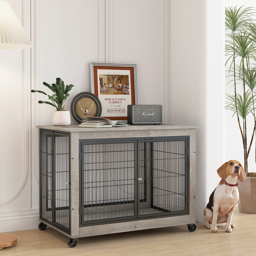 Chic Mobile Dog Crate Table with Double Doors and Lift Top in Grey