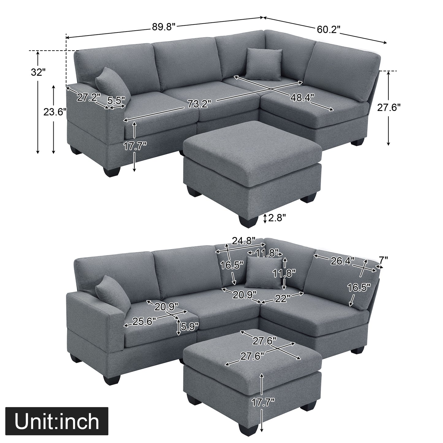 Stylish Modular Sectional Sofa with Convertible Ottoman