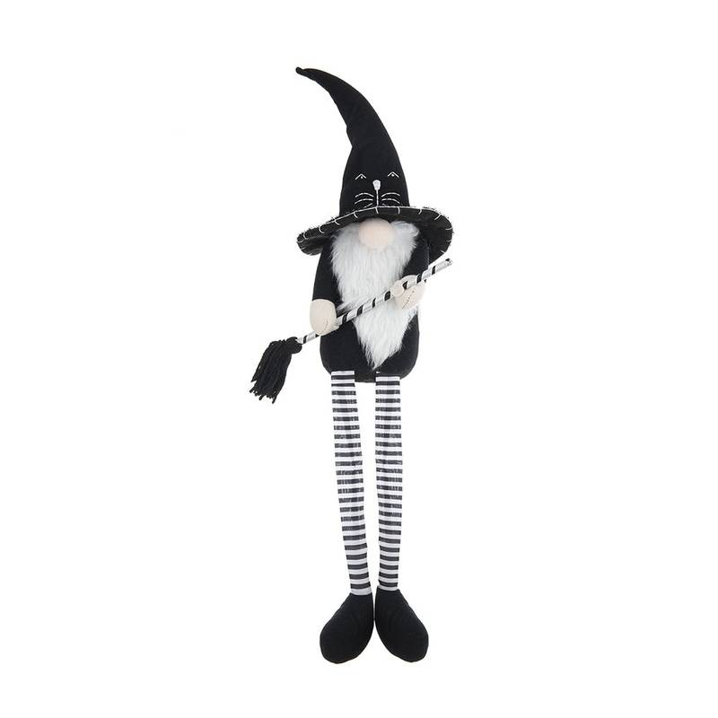Whimsical Black Gnome with Broomstick - Perfect for Halloween Decor!
