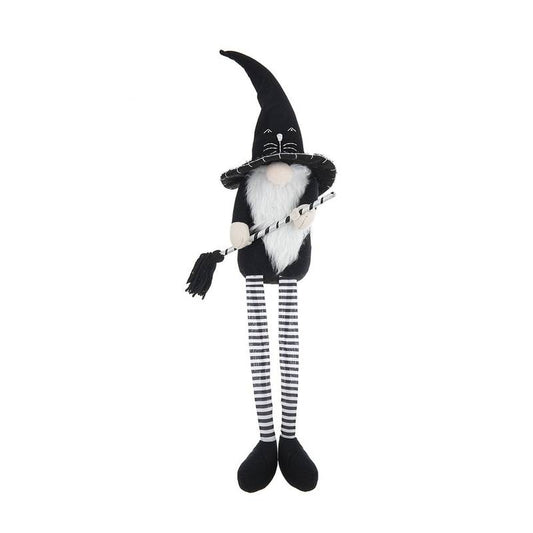 Whimsical Black Gnome with Broomstick - Perfect for Halloween Decor!