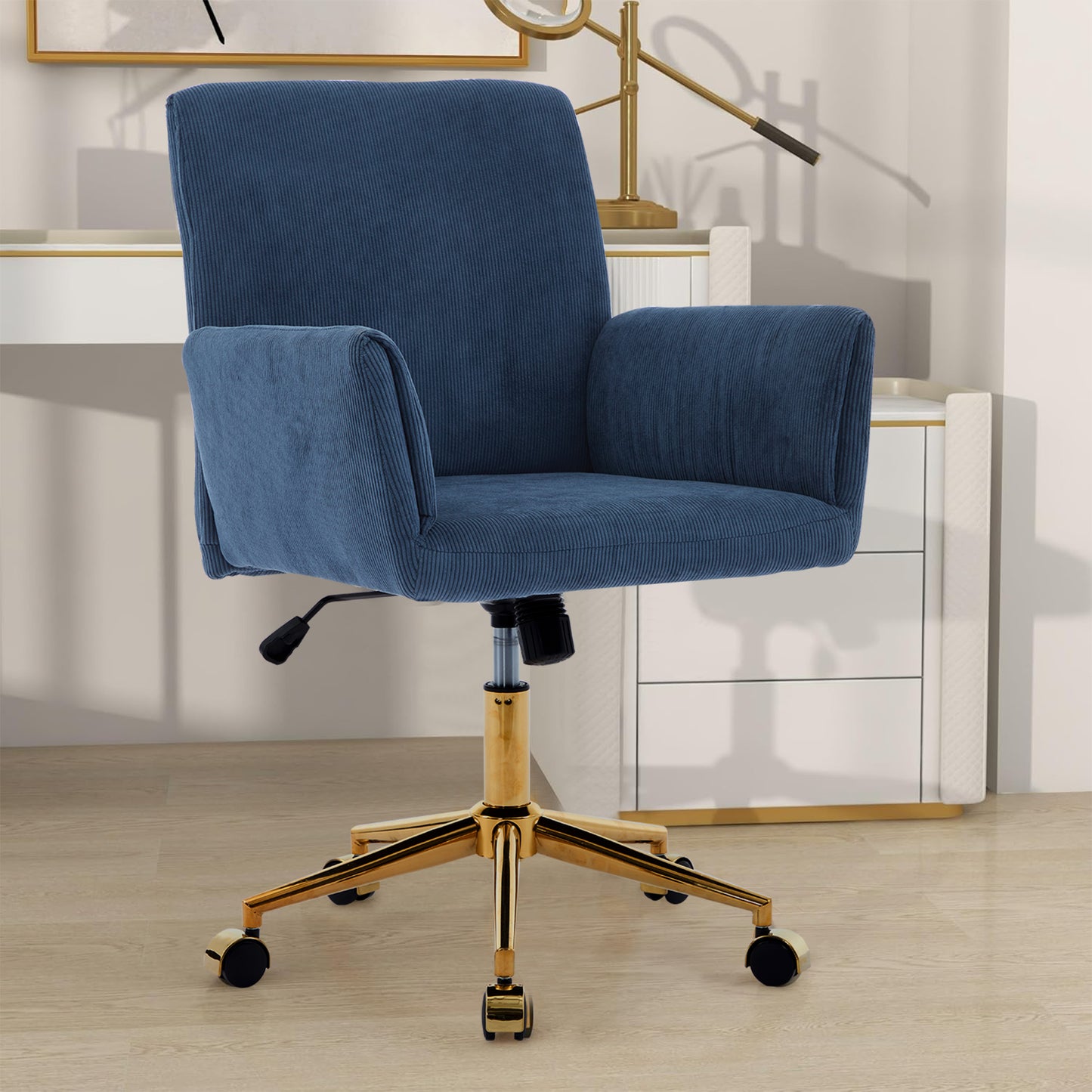 Chic Blue Corduroy Office Chair with Gold Base