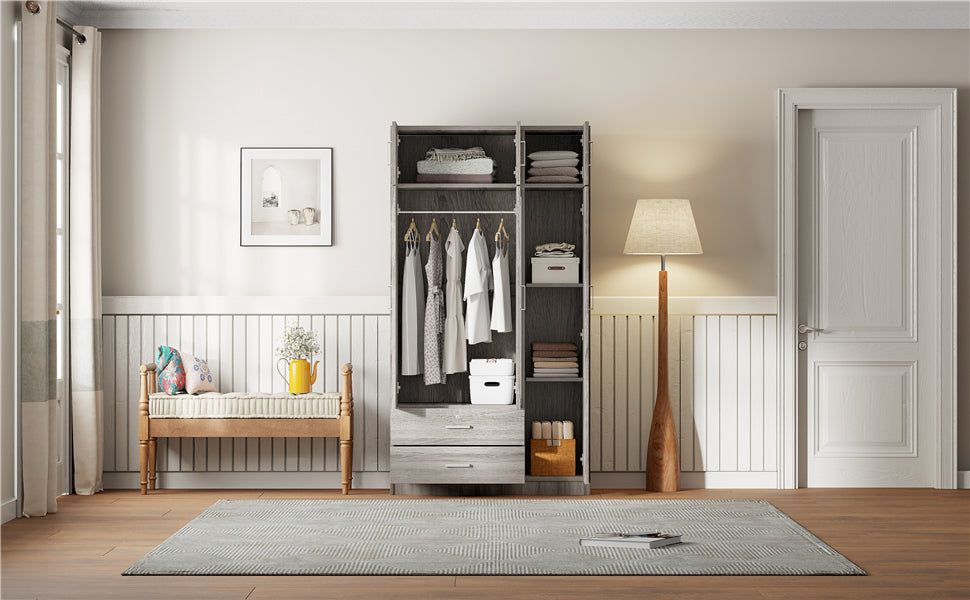 Stylish Gray 3-Door Wardrobe with Drawers and Cabinet