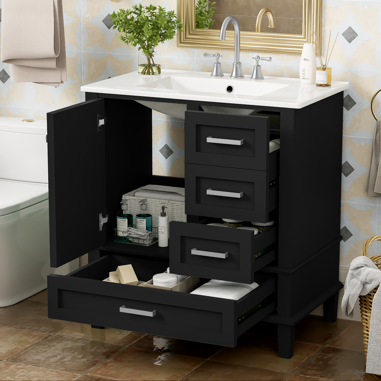 Sleek Black Bathroom Vanity with Sink and Soft-Close Storage