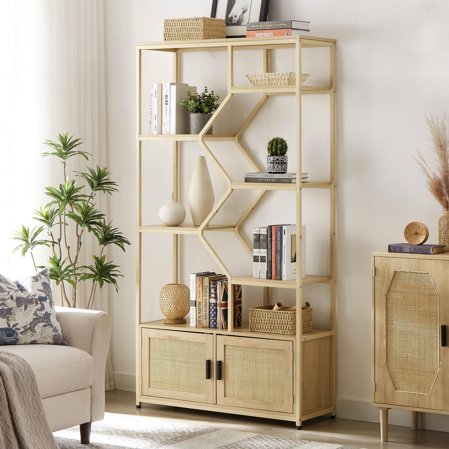 Natural Rattan Tall Bookshelf with Cabinet