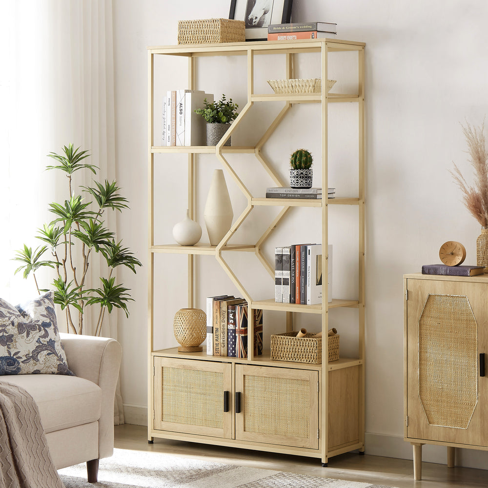 Natural Rattan Tall Bookshelf with Cabinet