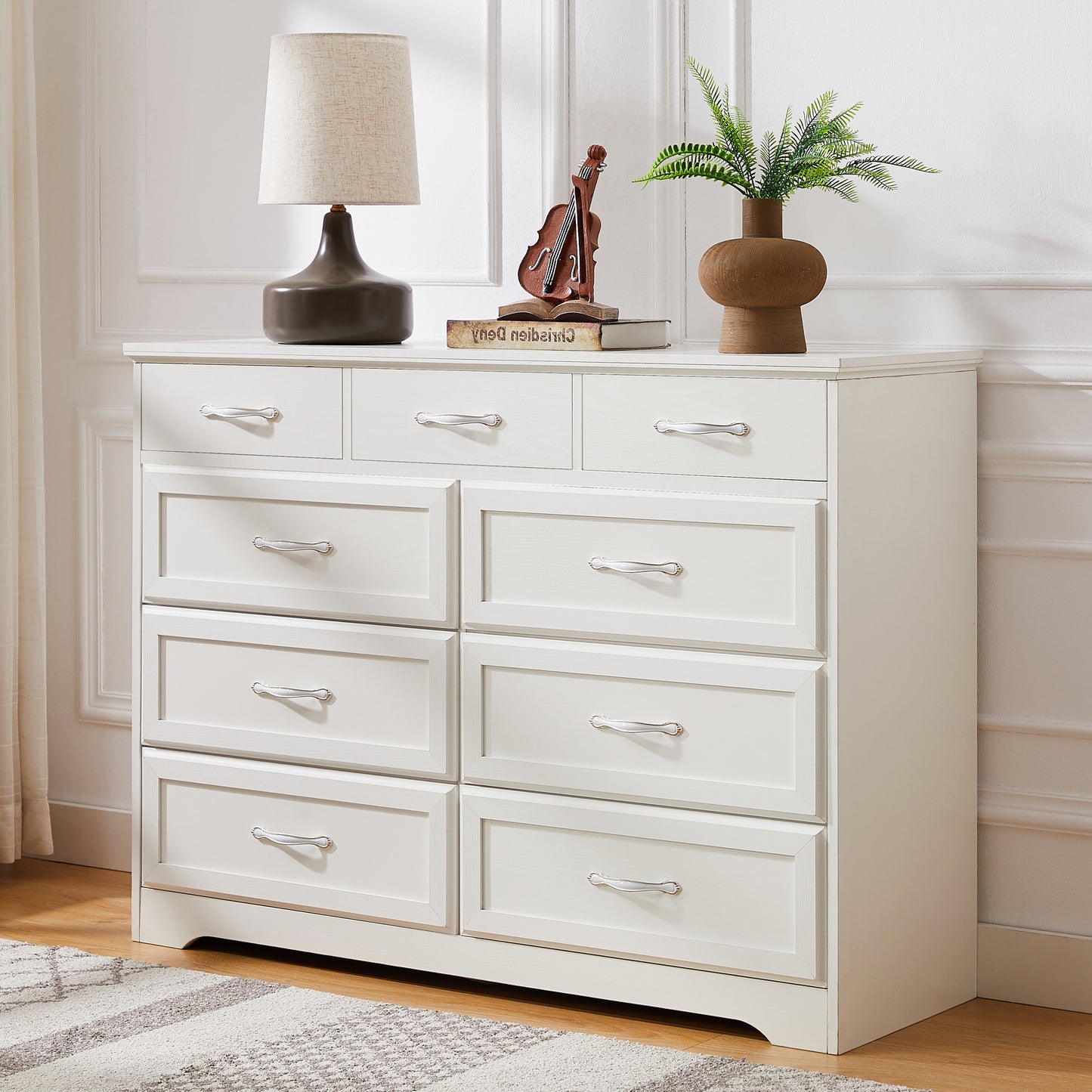 Charming White 9-Drawer Dresser with Antique Handles