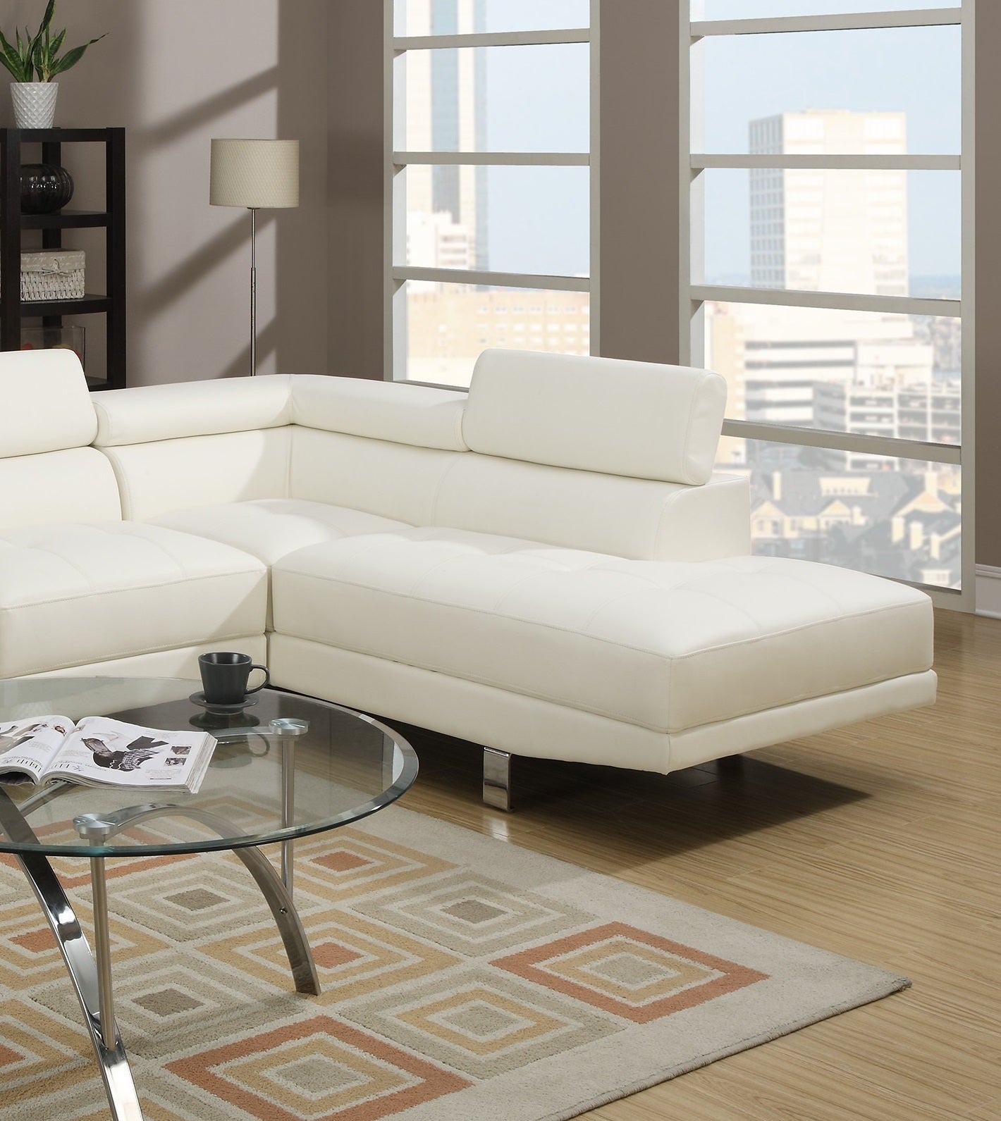 Stylish White Faux Leather Sectional Sofa with Adjustable Headrests