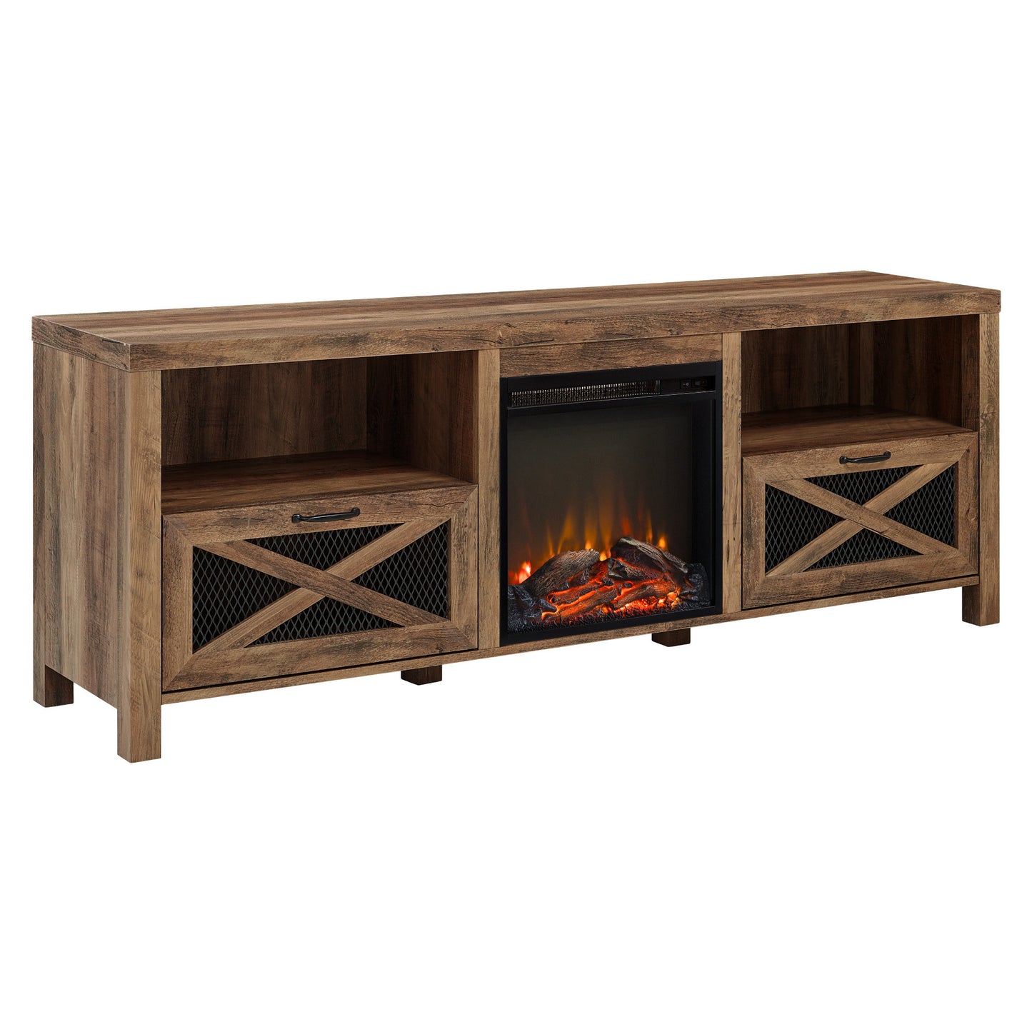 Rustic Oak X-Door Fireplace TV Stand