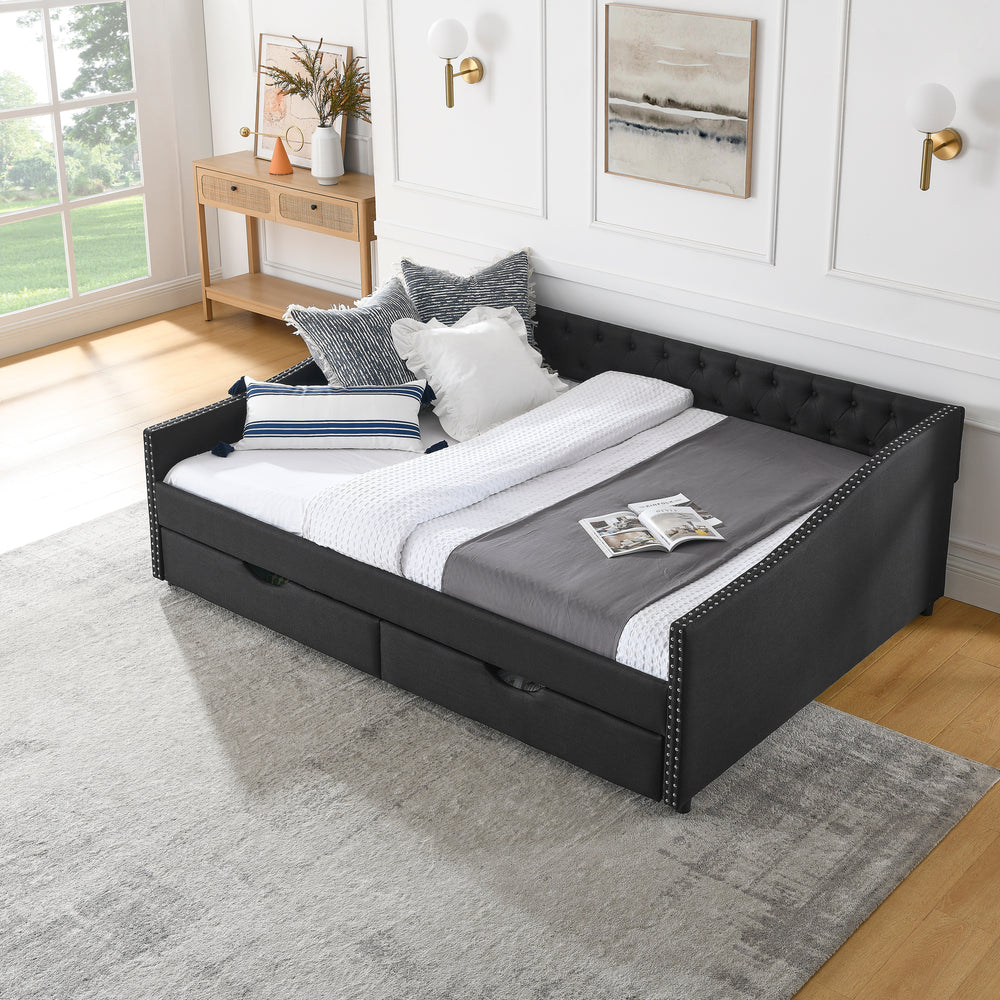 Chic Queen Upholstered Daybed with Storage Drawers