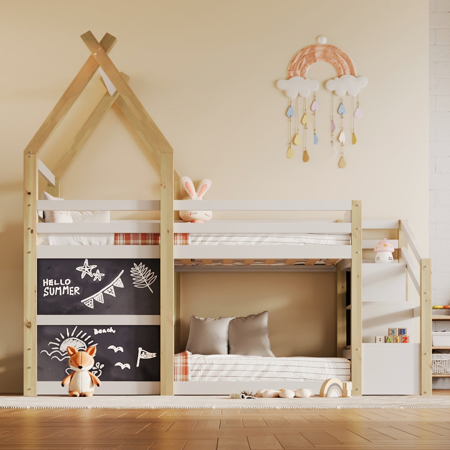 Cozy Twin House Bunk Bed with Storage Steps & 2 Fun Blackboards