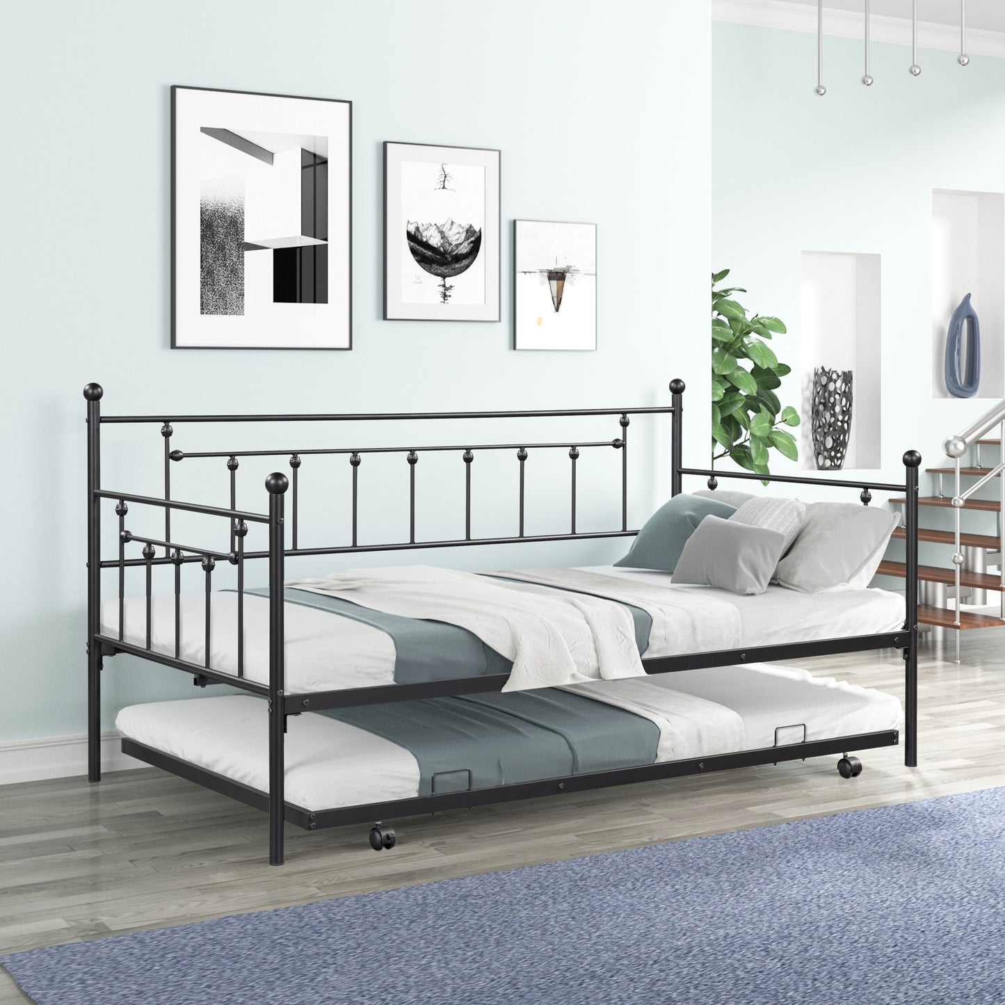 Vintage Metal Twin Daybed with Trundle - Stylish & Space-Saving Comfort