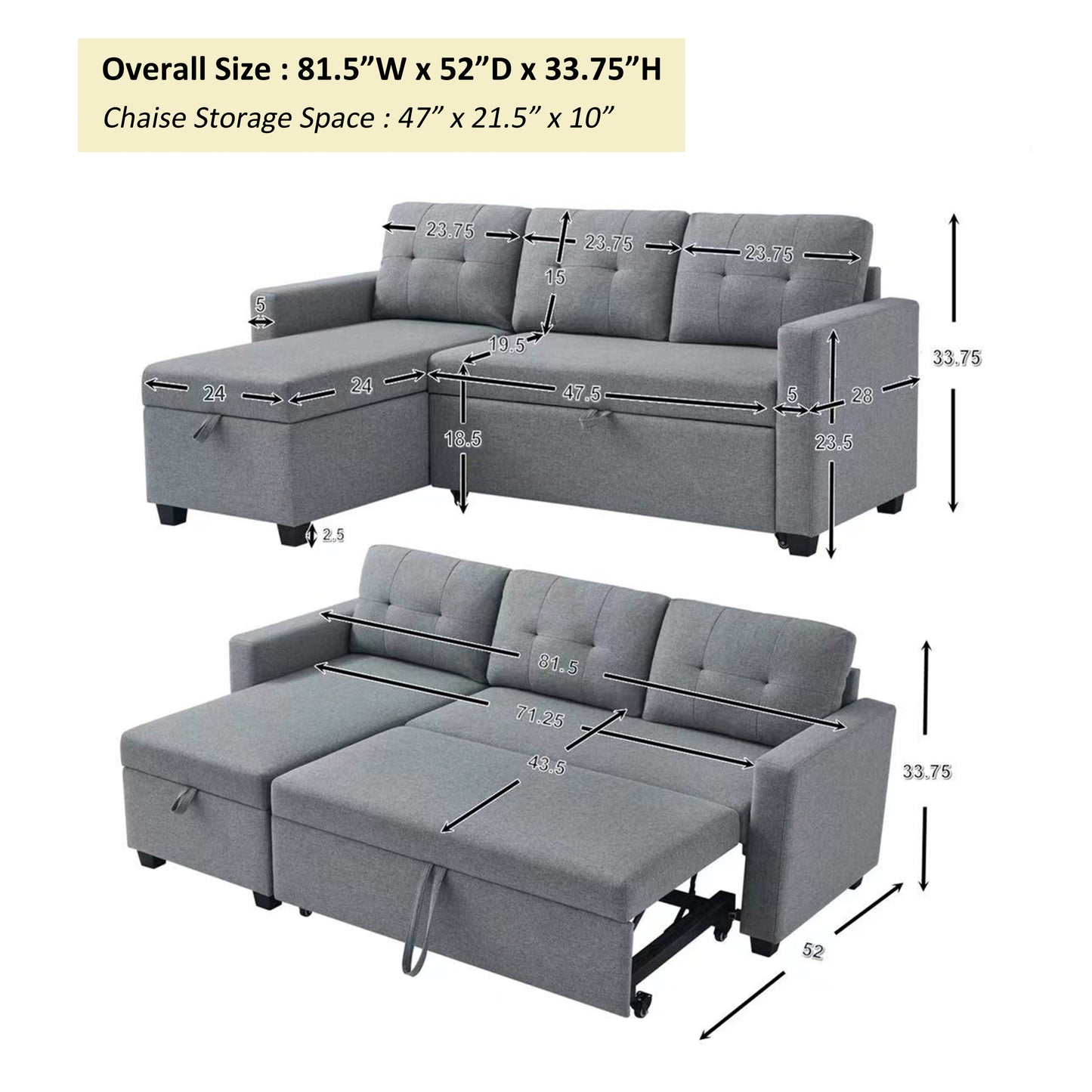 CozyConvertible Sectional Sofa with Storage in Light Grey