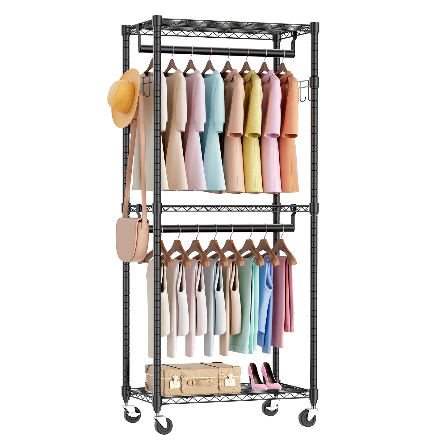 Versatile Rolling Clothes Rack with Adjustable Shelves & Hooks