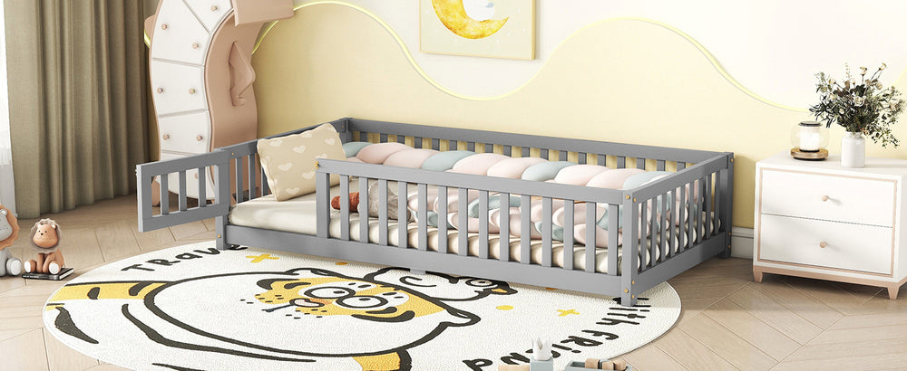 Cozy Kids' Twin Floor Bed with Safety Rails and Door - Gray