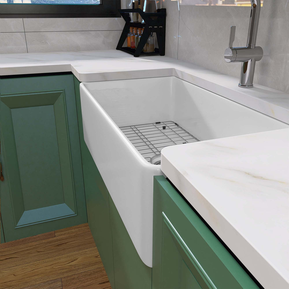 Chic White Farmhouse Kitchen Sink with Drain & Grid