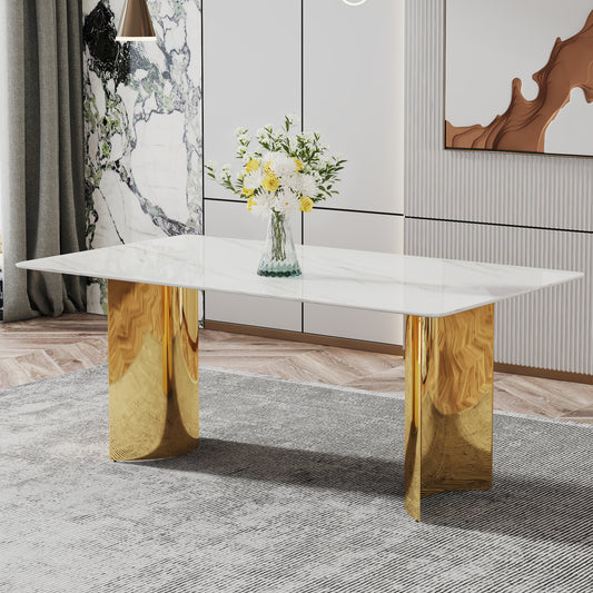 Elegant Marble-Style Dining Table with Gold Legs