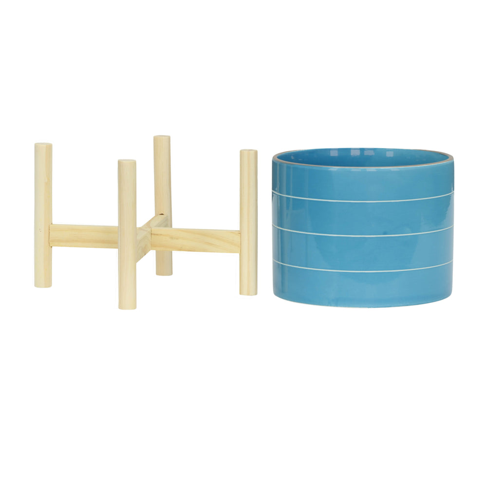 Sky Blue Striped Planter with Wooden Stand