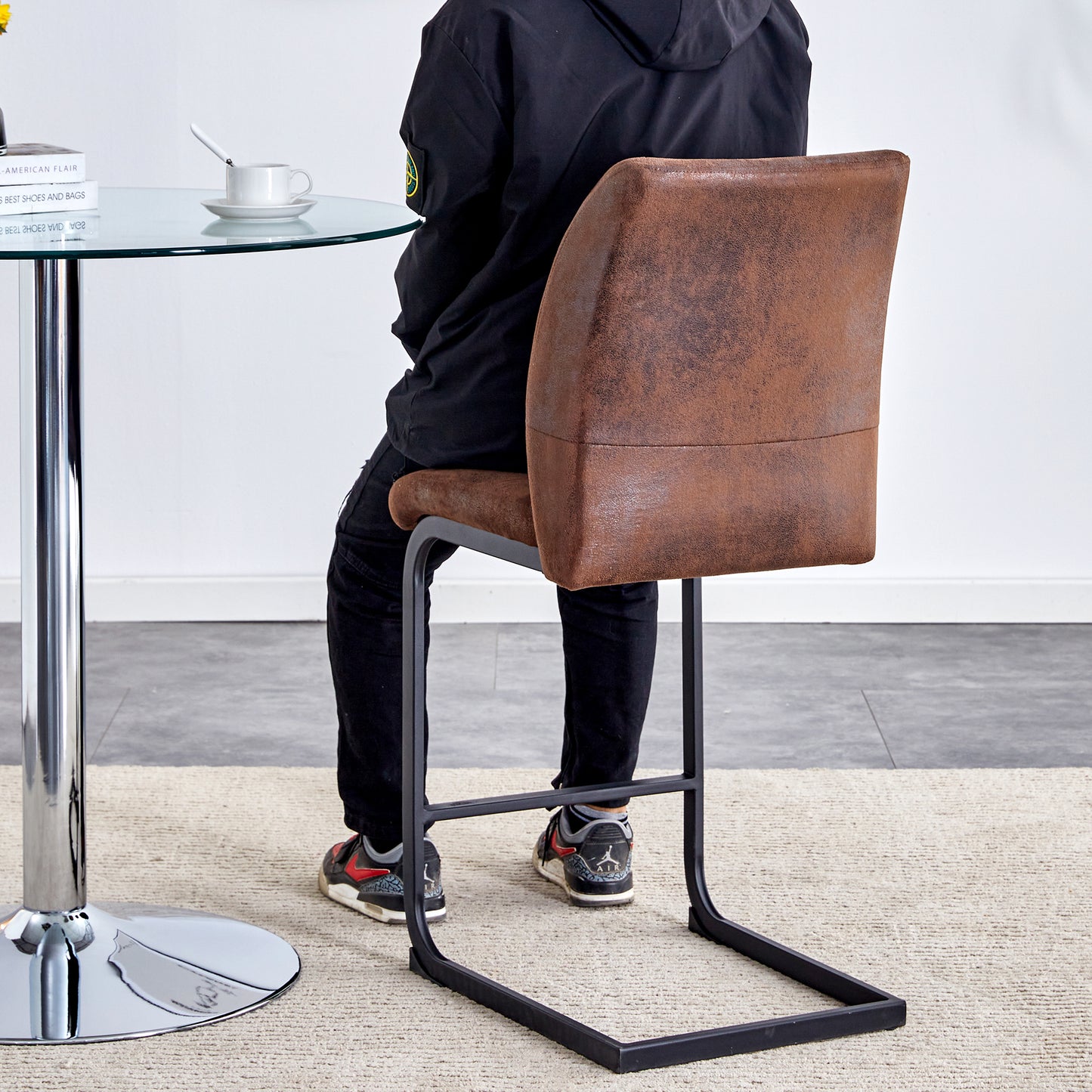 Chic Duo: Suede Cushioned Brown Chairs with Stylish Metal Legs