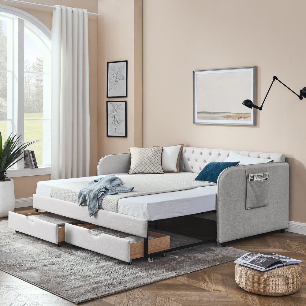 Cozy Beige Twin Daybed with Trundle & Storage