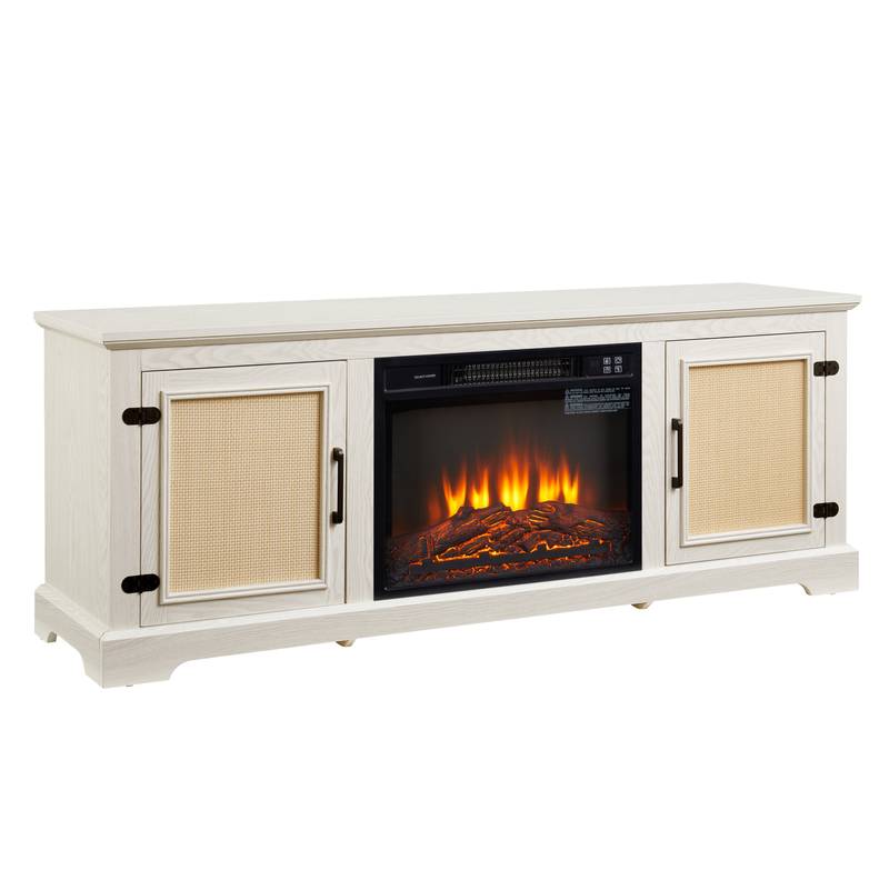 Cozy Farmhouse Rattan TV Stand with Fireplace Insert