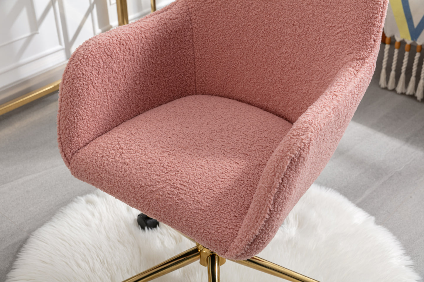 Chic Pink Teddy Swivel Chair with Gold Legs