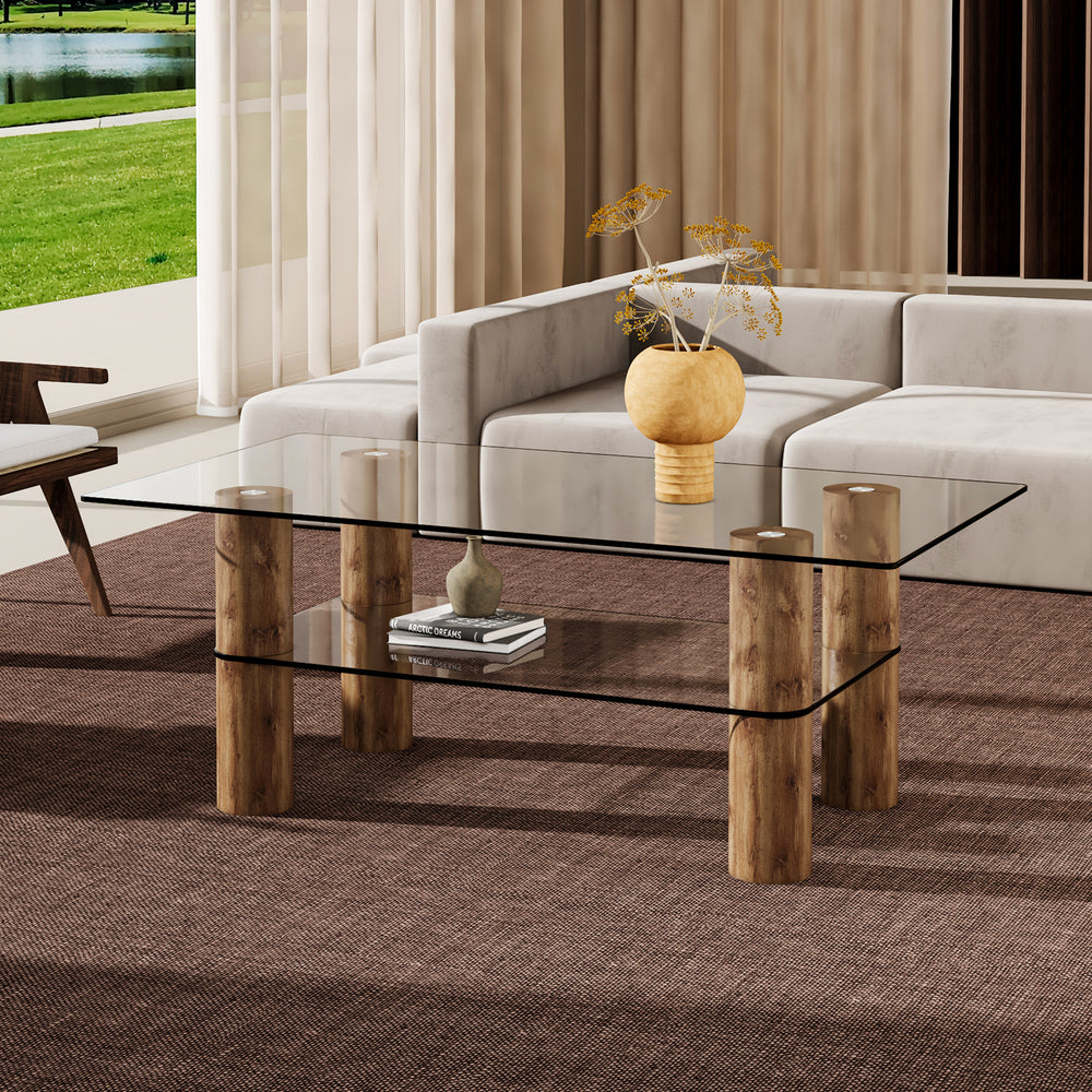 Sleek Dual-Layer Glass Coffee Table with Wooden Accents