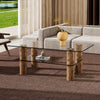 Sleek Dual-Layer Glass Coffee Table with Wooden Accents