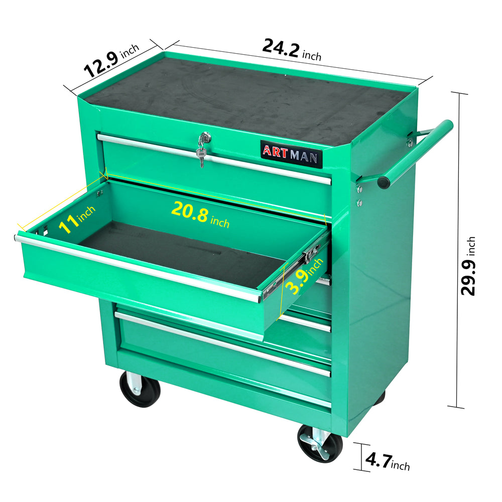 Green Rolling Tool Cart with 5 Drawers