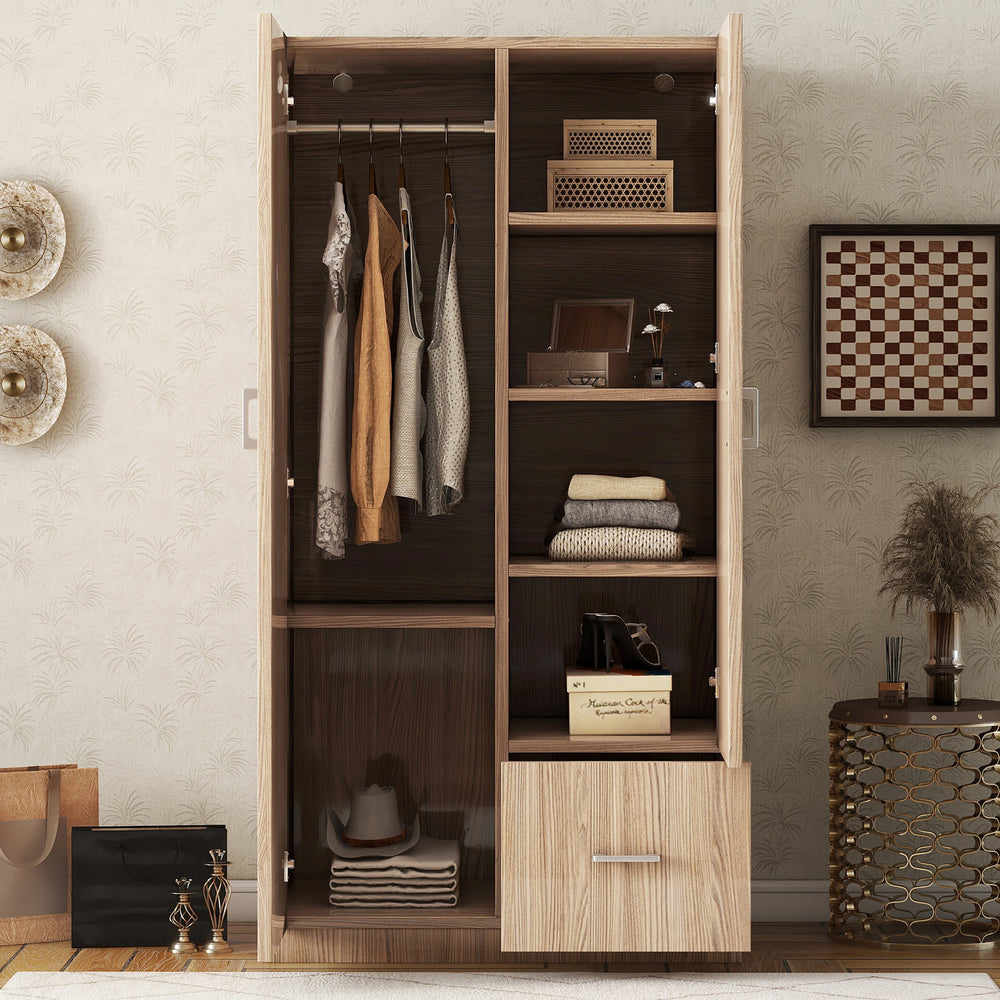 Natural Wooden Double Door Armoire with Shelves & Rod