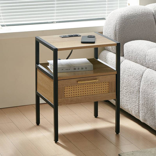 Chic Rattan End Table with Power & USB Charging Ports