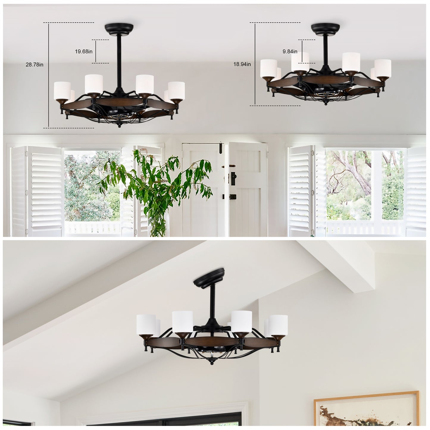 Sleek Matte Black Chandelier Fan with Remote Control