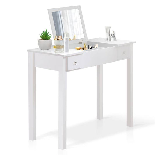 Chic White Vanity Table with Flip-Up Mirror and Jewelry Storage