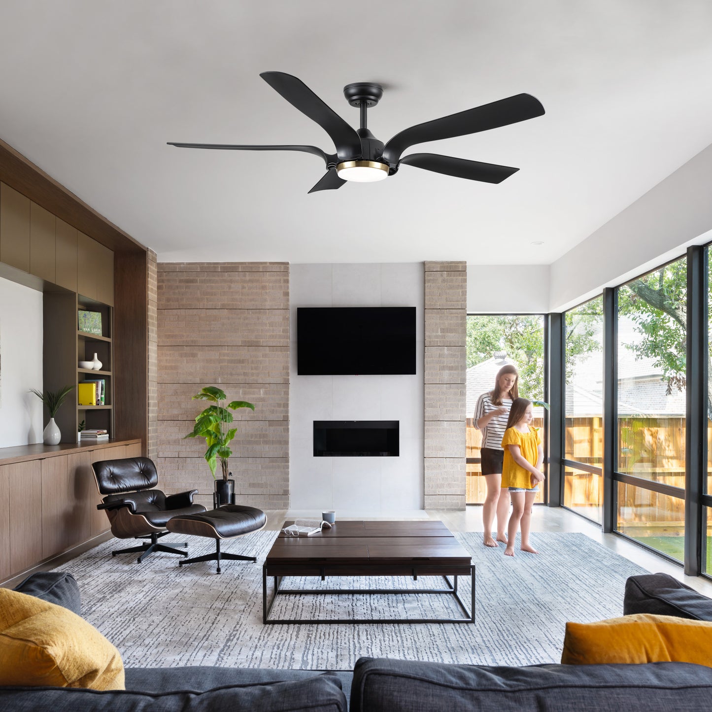 Smart Ceiling Fan with Sleek Matte Black Finish and Antique Brown Blades