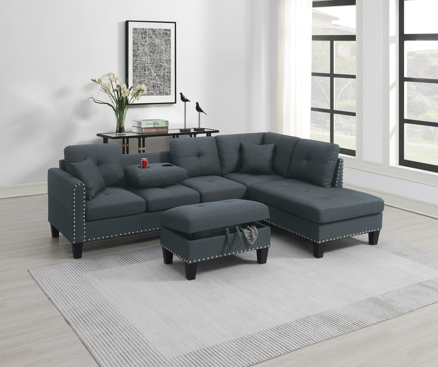 Charcoal Comfort Sectional Sofa Set with Storage Ottoman