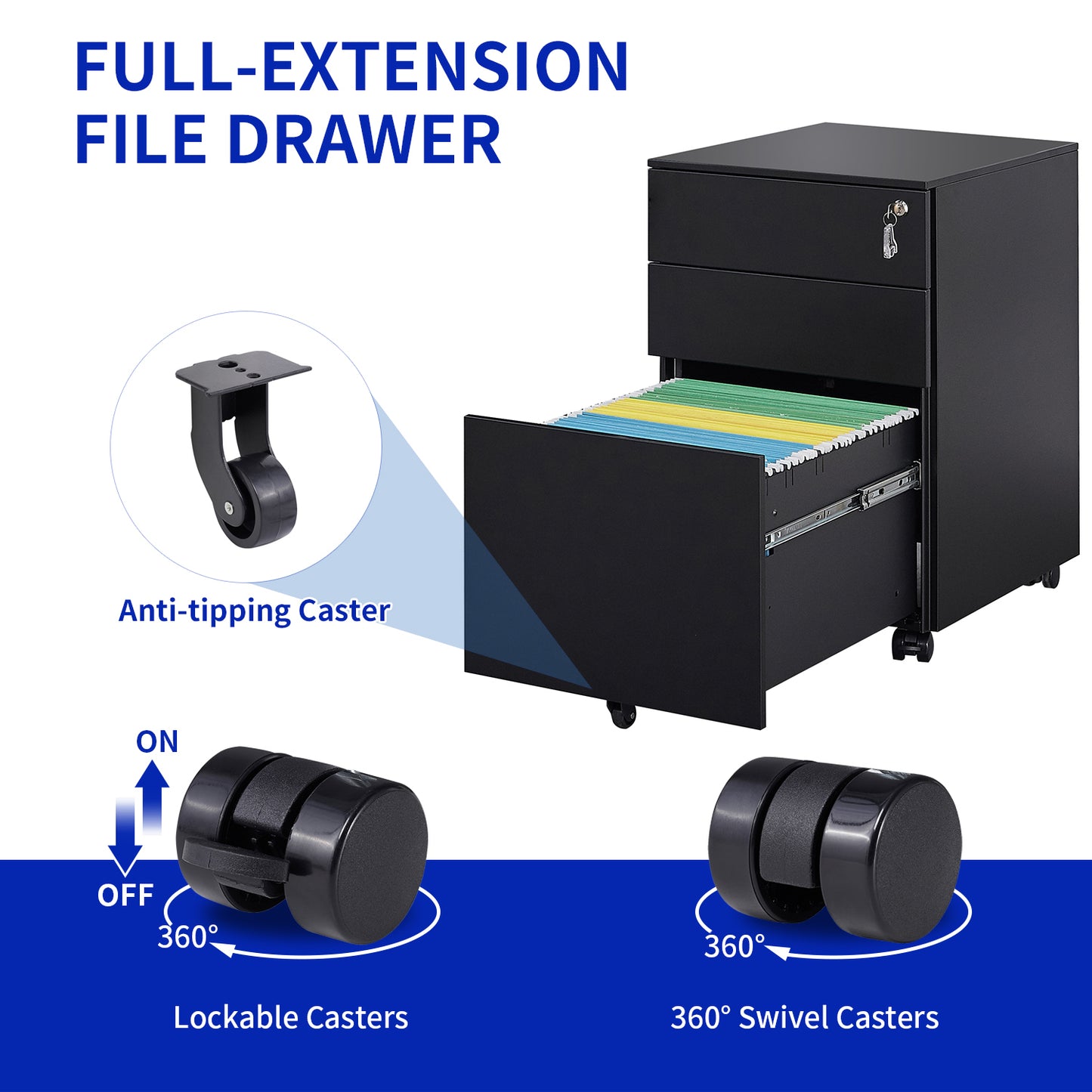 Lockable Mobile File Cabinet with 3 Drawers