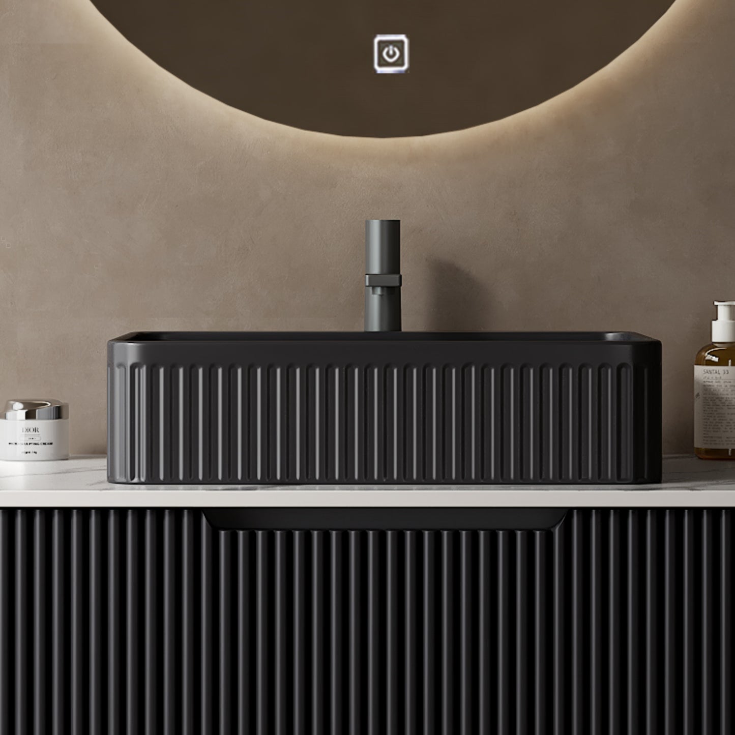 Sleek Black Vanity with Elegant White Stone Top