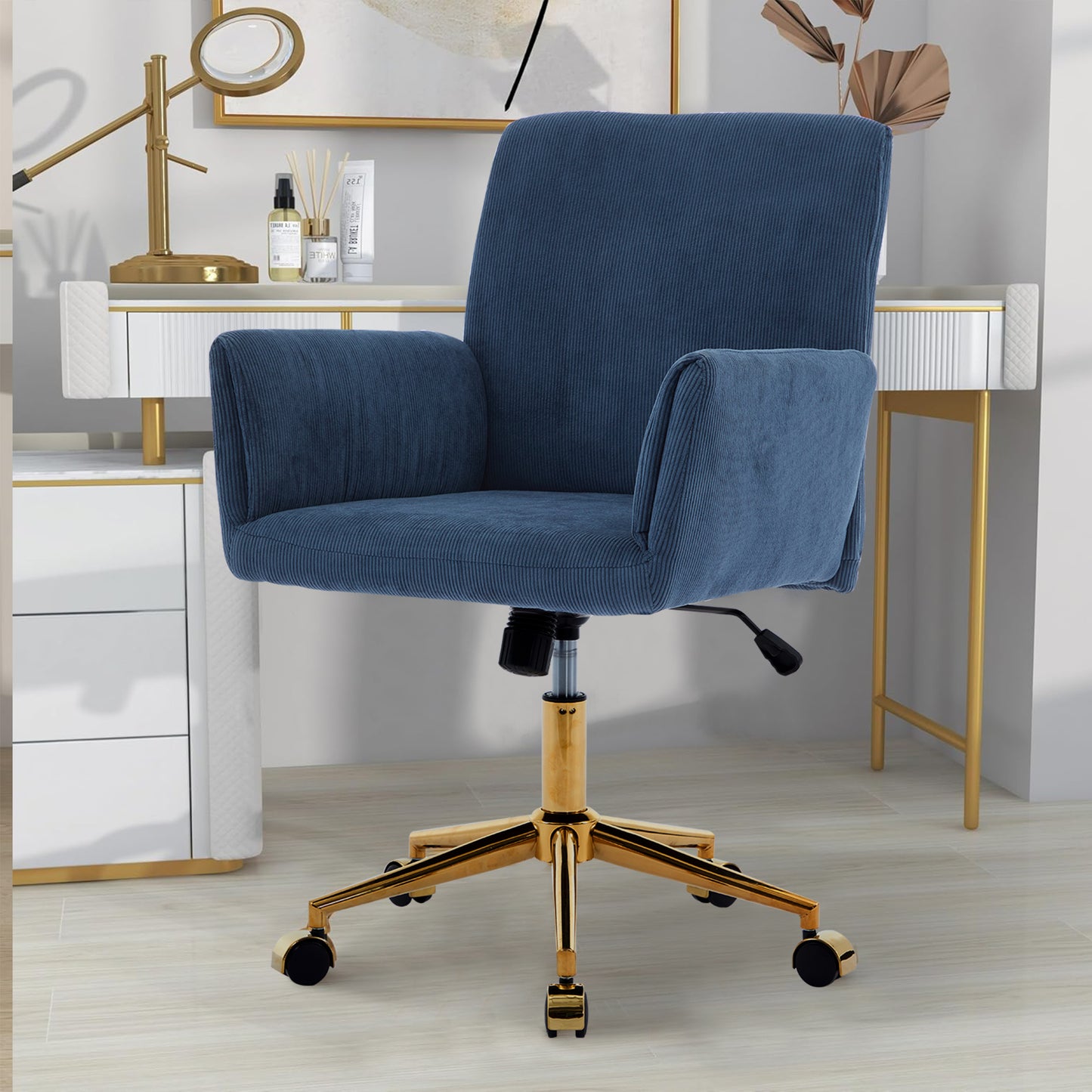 Chic Blue Corduroy Office Chair with Gold Base