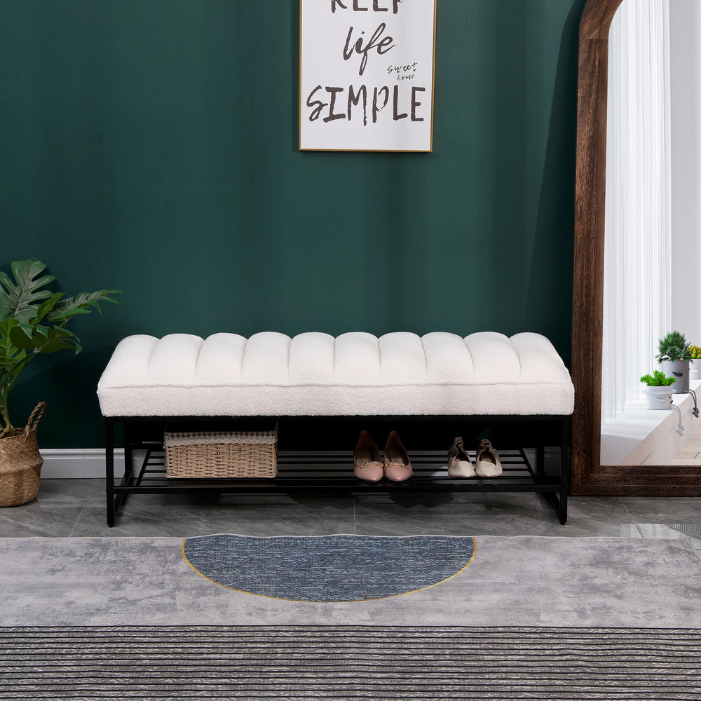 Cozy Channel-Tufted Bench with Chic Metal Shelf