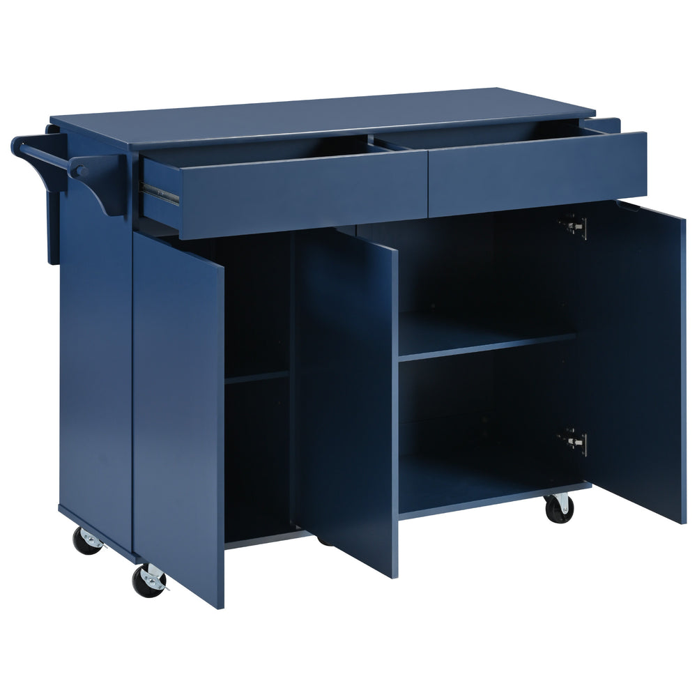 Navy Blue Rolling Kitchen Island with Drop Leaf & Storage