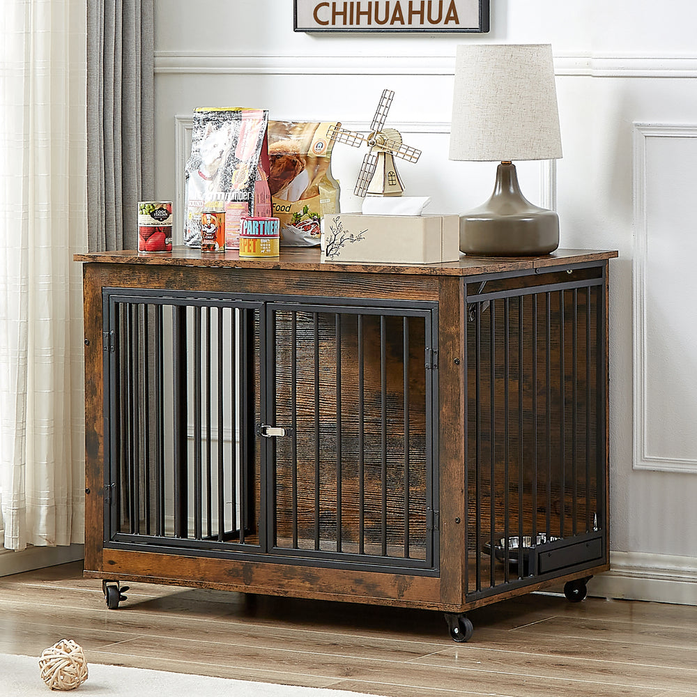 Rustic Dog Crate Side Table with Rotating Bowl and Wheels