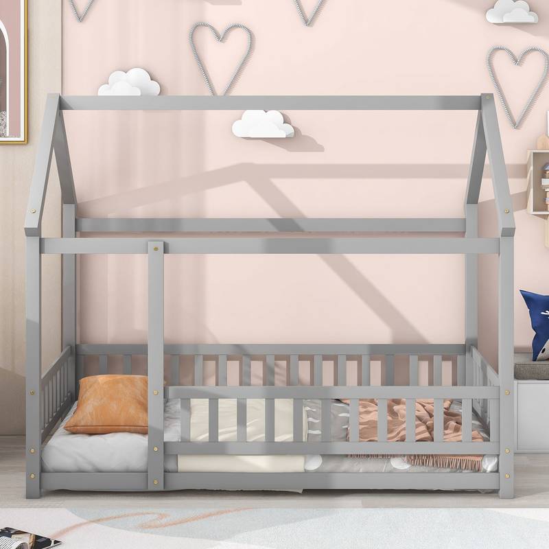 Cozy House-Style Twin Bed with Guardrails in Grey