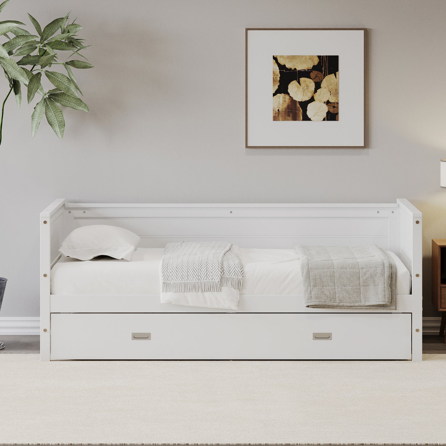 Space-Saving White Twin Daybed with Trundle for Kids & Teens