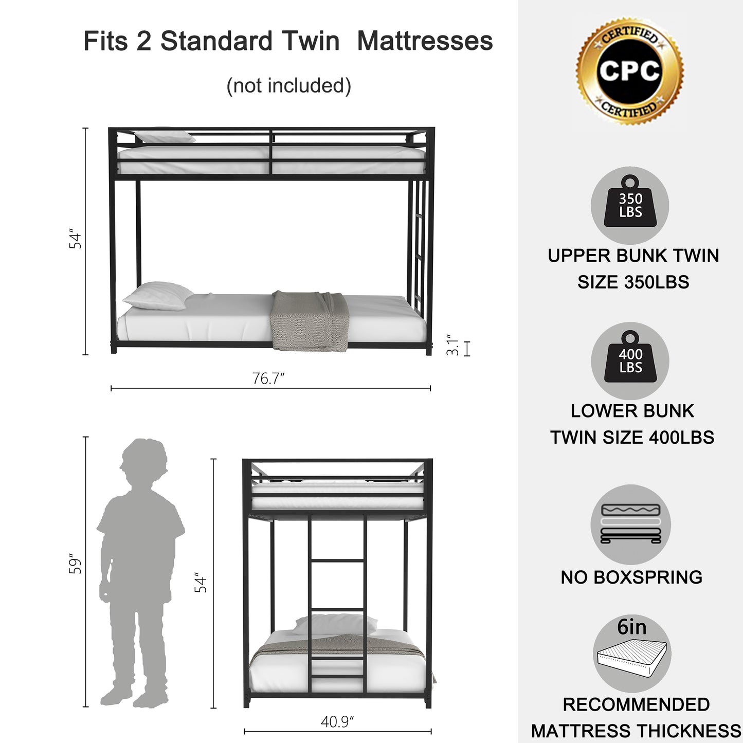 Sturdy Black Metal Bunk Bed – Perfect for Kids and Adults!