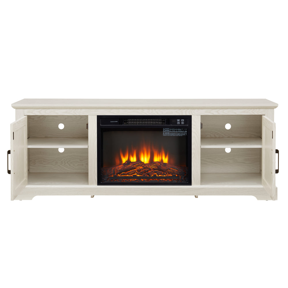 Cozy Farmhouse Rattan TV Stand with Fireplace Insert