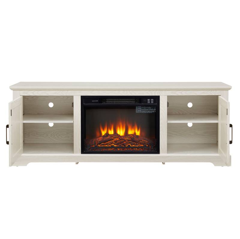 Cozy Farmhouse Rattan TV Stand with Fireplace Insert